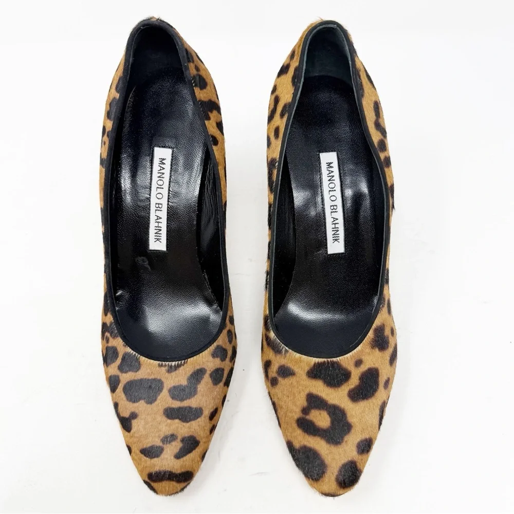 Manolo Blahnik Tucciototo Leopard Calf Hair Pumps Womens Size EU 37.5